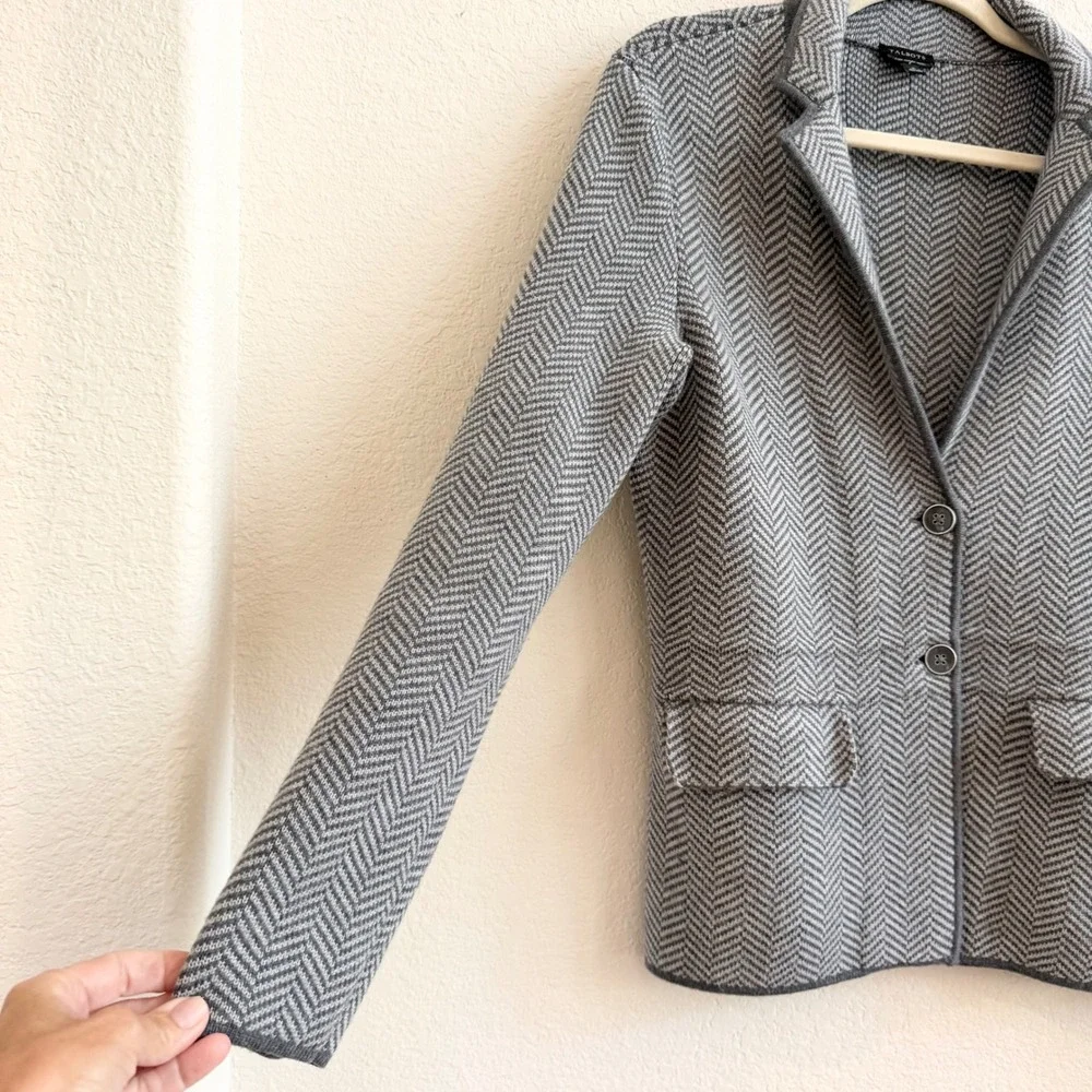 Talbots‎ Gray Herringbone Pure Merino Wool Sweater Blazer Jacket Womens Small S